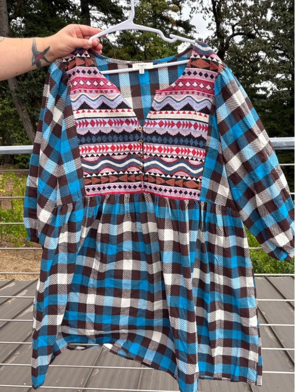 NWT Hayden Boho plaid and embroidered long sleeve knee length dress size 2x